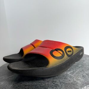Oofos Ooah Slides Ombre Yellow Red Logo Black 8 10